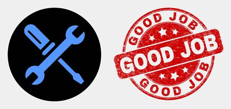Rounded repair tools pictogram and Good Job seal stamp. Red rounded distress seal stamp with Good Job text. Blue repair tools icon on black circle. Vector combination for repair tools in flat style.のイラスト素材