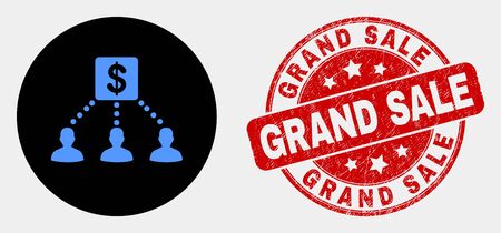 Rounded financial clients links icon and Grand Sale seal stamp. Red rounded textured seal with Grand Sale caption. Blue financial clients links icon on black circle.のイラスト素材