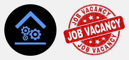 Rounded engine service garage icon and Job Vacancy watermark. Red rounded distress seal with Job Vacancy caption. Blue engine service garage icon on black circle.のイラスト素材