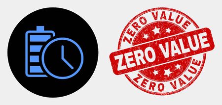Rounded battery charge time pictogram and Zero Value seal stamp. Red rounded textured seal stamp with Zero Value caption. Blue battery charge time icon on black circle.のイラスト素材