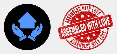Rounded house care hands icon and Assembled with Love seal stamp. Red round scratched seal stamp with Assembled with Love text. Blue house care hands symbol on black circle.のイラスト素材