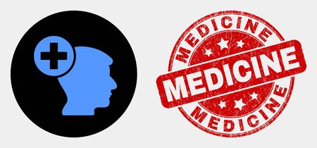 Rounded head medicine icon and Medicine watermark. Red rounded scratched seal stamp with Medicine caption. Blue head medicine icon on black circle. Vector composition for head medicine in flat style.のイラスト素材