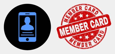 Rounded mobile person contact pictogram and Member Card seal stamp. Red rounded grunge seal stamp with Member Card caption. Blue mobile person contact icon on black circle.のイラスト素材