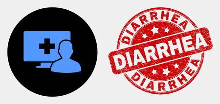 Rounded online medical patient icon and Diarrhea stamp. Red rounded textured seal stamp with Diarrhea caption. Blue online medical patient icon on black circle.のイラスト素材