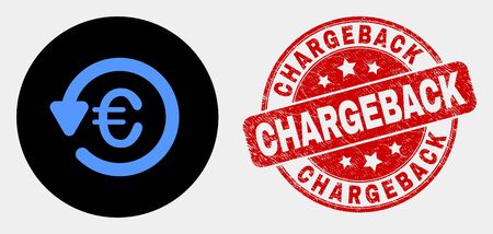 Rounded euro chargeback pictogram and Chargeback watermark. Red rounded distress watermark with Chargeback caption. Blue euro chargeback icon on black circle.のイラスト素材