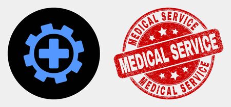 Rounded medical service gear icon and Medical Service stamp. Red rounded textured seal stamp with Medical Service text. Blue medical service gear icon on black circle.のイラスト素材
