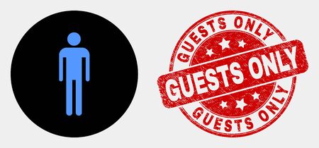 Rounded man icon and Guests Only seal. Red round grunge seal stamp with Guests Only text. Blue man icon on black circle. Vector composition for man in flat style.のイラスト素材