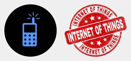 Rounded cell phone icon and Internet of Things stamp. Red rounded grunge watermark with Internet of Things caption. Blue cell phone icon on black circle.のイラスト素材
