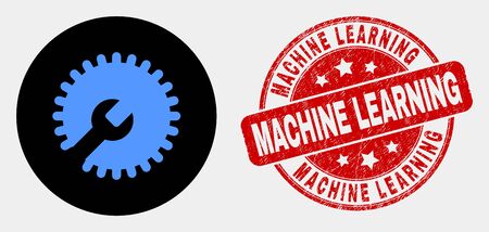 Rounded settings gear icon and Machine Learning seal stamp. Red round grunge seal stamp with Machine Learning text. Blue settings gear icon on black circle.のイラスト素材