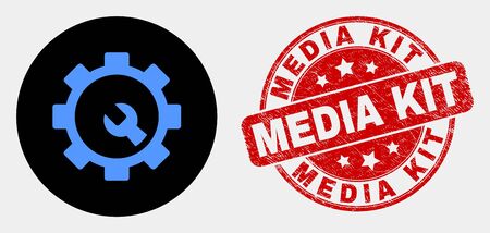 Rounded setup tools icon and Media Kit seal stamp. Red rounded distress seal stamp with Media Kit caption. Blue setup tools symbol on black circle. Vector composition for setup tools in flat style.のイラスト素材