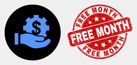 Rounded financial service offer hand pictogram and Free Month seal stamp. Red rounded distress seal stamp with Free Month text. Blue financial service offer hand symbol on black circle.のイラスト素材