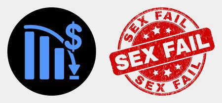 Rounded crisis bar chart icon and Sex Fail seal stamp. Red rounded textured stamp with Sex Fail text. Blue crisis bar chart icon on black circle. Vector composition for crisis bar chart in flat style.のイラスト素材