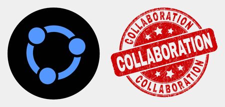 Rounded collaboration pictogram and Collaboration seal stamp. Red rounded distress seal stamp with Collaboration text. Blue collaboration symbol on black circle.のイラスト素材