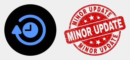 Rounded rotate clockwise icon and Minor Update seal. Red rounded distress seal with Minor Update caption. Blue rotate clockwise icon on black circle.のイラスト素材