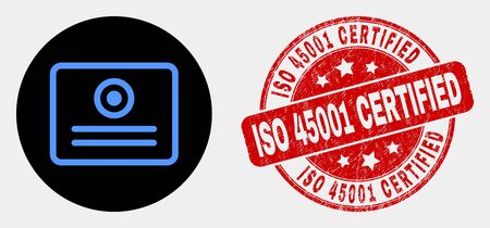 Rounded certificate icon and ISO 45001 Certified stamp. Red rounded grunge seal stamp with ISO 45001 Certified caption. Blue certificate icon on black circle.のイラスト素材