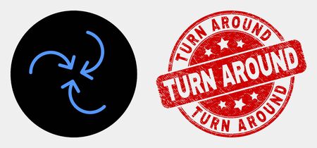 Rounded swirl arrows icon and Turn Around seal stamp. Red rounded textured seal stamp with Turn Around caption. Blue swirl arrows icon on black circle.のイラスト素材