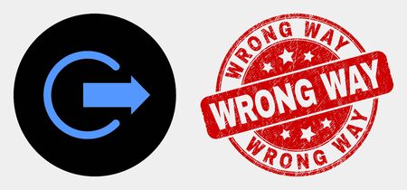 Rounded logout icon and Wrong Way stamp. Red rounded scratched stamp with Wrong Way caption. Blue logout icon on black circle. Vector composition for logout in flat style.のイラスト素材