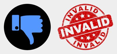 Rounded thumb down icon and Invalid seal stamp. Red round grunge seal stamp with Invalid caption. Blue thumb down icon on black circle. Vector composition for thumb down in flat style.のイラスト素材