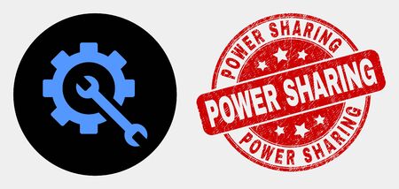 Rounded service tools icon and Power Sharing seal. Red rounded scratched seal with Power Sharing caption. Blue service tools icon on black circle. Vector combination for service tools in flat style.のイラスト素材