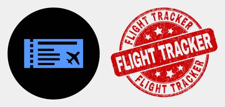 Rounded airticket icon and Flight Tracker seal stamp. Red rounded textured seal with Flight Tracker caption. Blue airticket icon on black circle. Vector combination for airticket in flat style.のイラスト素材
