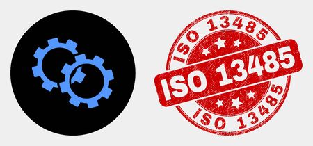 Rounded gears pictogram and ISO 13485 seal stamp. Red rounded grunge seal stamp with ISO 13485 text. Blue gears icon on black circle. Vector combination for gears in flat style.のイラスト素材