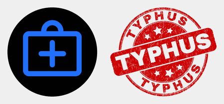 Rounded first-aid case icon and Typhus stamp. Red rounded textured seal stamp with Typhus caption. Blue first-aid case icon on black circle. Vector composition for first-aid case in flat style.のイラスト素材