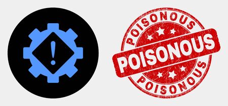 Rounded gear warning icon and Poisonous stamp. Red rounded scratched seal stamp with Poisonous caption. Blue gear warning icon on black circle. Vector combination for gear warning in flat style.のイラスト素材