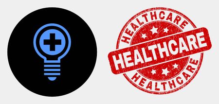 Rounded medical bulb icon and Healthcare stamp. Red rounded scratched stamp with Healthcare text. Blue medical bulb symbol on black circle. Vector combination for medical bulb in flat style.のイラスト素材