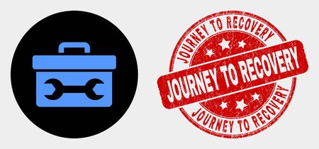 Rounded wrench toolbox icon and Journey to Recovery stamp. Red rounded scratched stamp with Journey to Recovery caption. Blue wrench toolbox symbol on black circle.のイラスト素材