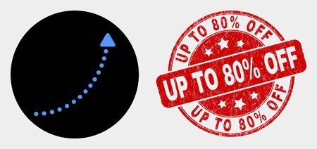 Rounded up trend arrow icon and Up to 80% Off seal. Red rounded scratched seal with Up to 80% Off text. Blue up trend arrow icon on black circle. Vector composition for up trend arrow in flat style.のイラスト素材