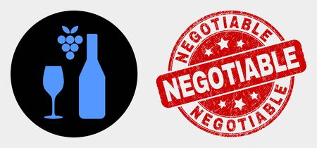 Rounded wine icon and Negotiable seal stamp. Red rounded scratched seal stamp with Negotiable text. Blue wine icon on black circle. Vector composition for wine in flat style.のイラスト素材