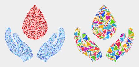 Blood care hands mosaic icon of triangle items which have various sizes and shapes and colors. Geometric abstract vector design concept of blood care hands.のイラスト素材