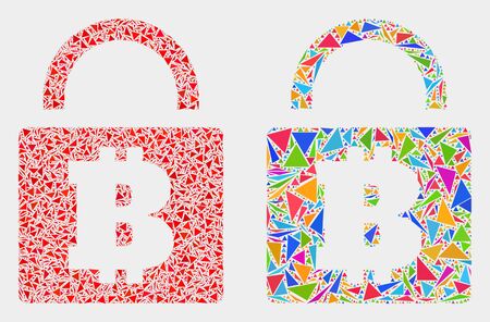 Bitcoin lock mosaic icon of triangle items which have variable sizes and shapes and colors. Geometric abstract vector illustration of bitcoin lock.のイラスト素材
