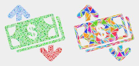 Banknotes exchange arrows collage icon of triangle elements which have different sizes and shapes and colors. Geometric abstract vector illustration of banknotes exchange arrows.のイラスト素材