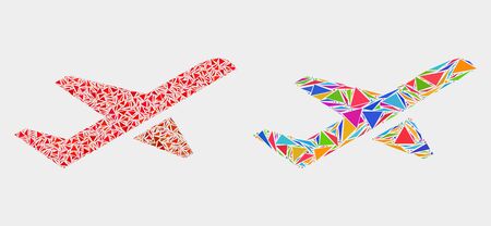 Airplane takeoff mosaic icon of triangle elements which have different sizes and shapes and colors. Geometric abstract vector illustration of airplane takeoff.のイラスト素材