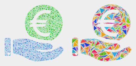 Hand offer euro coin collage icon of triangle items which have variable sizes and shapes and colors. Geometric abstract vector design concept of hand offer euro coin.のイラスト素材