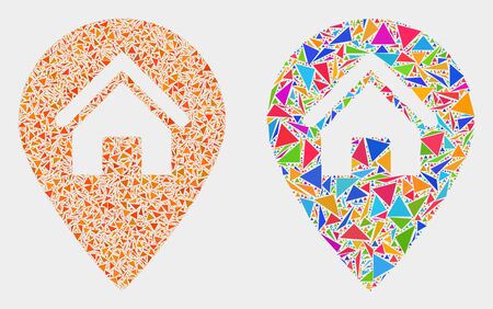 House map marker mosaic icon of triangle items which have variable sizes and shapes and colors. Geometric abstract vector design concept of house map marker.のイラスト素材
