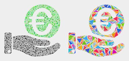 Hand offfer euro coin collage icon of triangle items which have various sizes and shapes and colors. Geometric abstract vector design concept of hand offfer euro coin.のイラスト素材