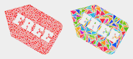 Free tag mosaic icon of triangle elements which have variable sizes and shapes and colors. Geometric abstract vector illustration of free tag.のイラスト素材
