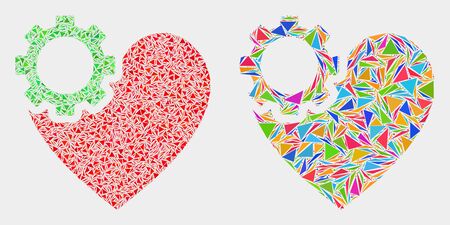 Heart gear mosaic icon of triangle items which have various sizes and shapes and colors. Geometric abstract vector illustration of heart gear.のイラスト素材