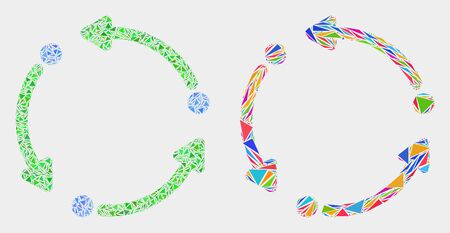 Rotation arrows collage icon of triangle elements which have variable sizes and shapes and colors. Geometric abstract vector illustration of rotation arrows.のイラスト素材