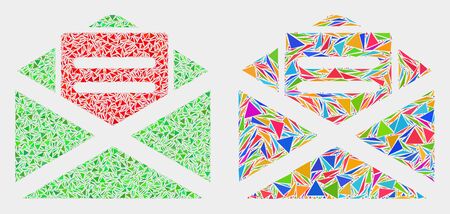 Open mail mosaic icon of triangle elements which have variable sizes and shapes and colors. Geometric abstract vector illustration of open mail.のイラスト素材