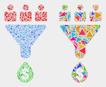 Customers sales funnel mosaic icon of triangle items which have different sizes and shapes and colors. Geometric abstract vector illustration of customers sales funnel.のイラスト素材