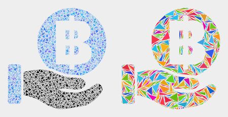 Hand offer bitcoin collage icon of triangle elements which have variable sizes and shapes and colors. Geometric abstract vector illustration of hand offer bitcoin.のイラスト素材