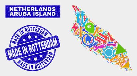 Mosaic tools Aruba Island map and Made in Rotterdam seal stamp. Aruba Island map collage composed with scattered colored equipment, palms, service symbols.のイラスト素材