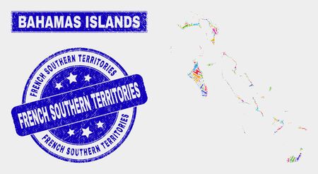 Mosaic service Bahamas Islands map and French Southern Territories stamp. Bahamas Islands map collage constructed with random bright equipment, palms, industrial icons.のイラスト素材