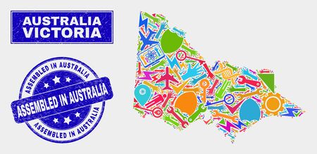 Mosaic service Australian Victoria map and Assembled in Australia seal stamp. Australian Victoria map collage made with randomized colorful tools, palms, production symbols.のイラスト素材