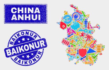 Mosaic technology Anhui Province map and Baikonur seal stamp. Anhui Province map collage made with scattered colorful equipment, hands, service items. Blue rounded Baikonur stamp with grunge texture.のイラスト素材