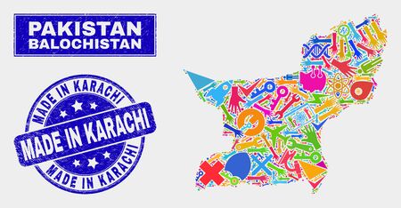 Mosaic service Balochistan Province map and Made in Karachi seal stamp. Balochistan Province map collage created with random colored tools, palms, production elements.のイラスト素材