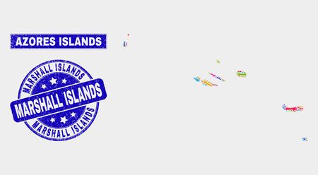 Mosaic tools Azores Islands map and Marshall Islands seal. Azores Islands map collage made with scattered bright tools, hands, industrial elements.のイラスト素材
